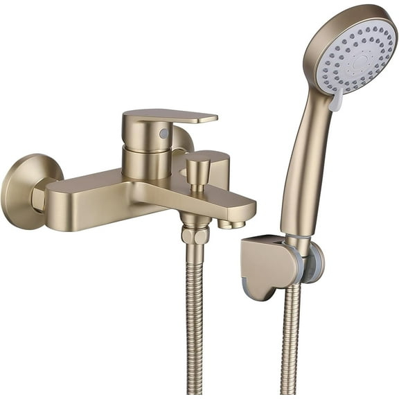 Bathtub Faucet with Sprayer, Tub Spout with Diverter Bathroom Wall Mount Tub Filler Faucet with 3 Modes Handheld Shower, Anti-Rust Stainless Steel Material with Solid Brass Valve Brushed Gold