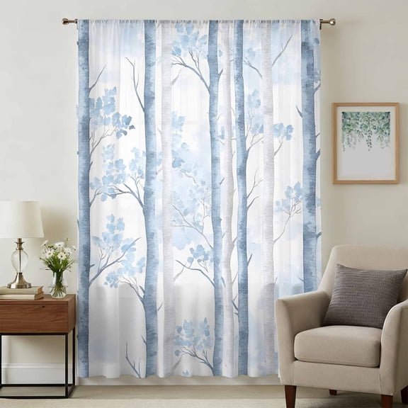 Blue Grey Branches Sheer Curtains 45 Inches Long, Vintage Blue Forest Gray Light Filering Curtains, Breathable Simi Curtain Privacy Drapes for Kitchen Bathroom Lightweight Small Window Treatment
