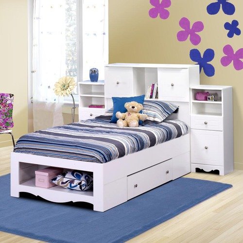 Nexera Pixel Twin Size Bed with Low Bookcase Headboard in White