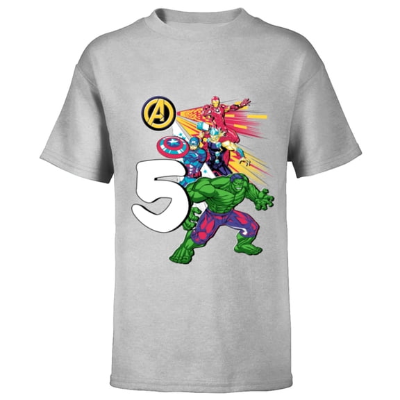 Marvel Super Heroes Avengers 5 Year Old Fifth Birthday - Short Sleeve T-Shirt for Kids - Customized-Athletic Heather