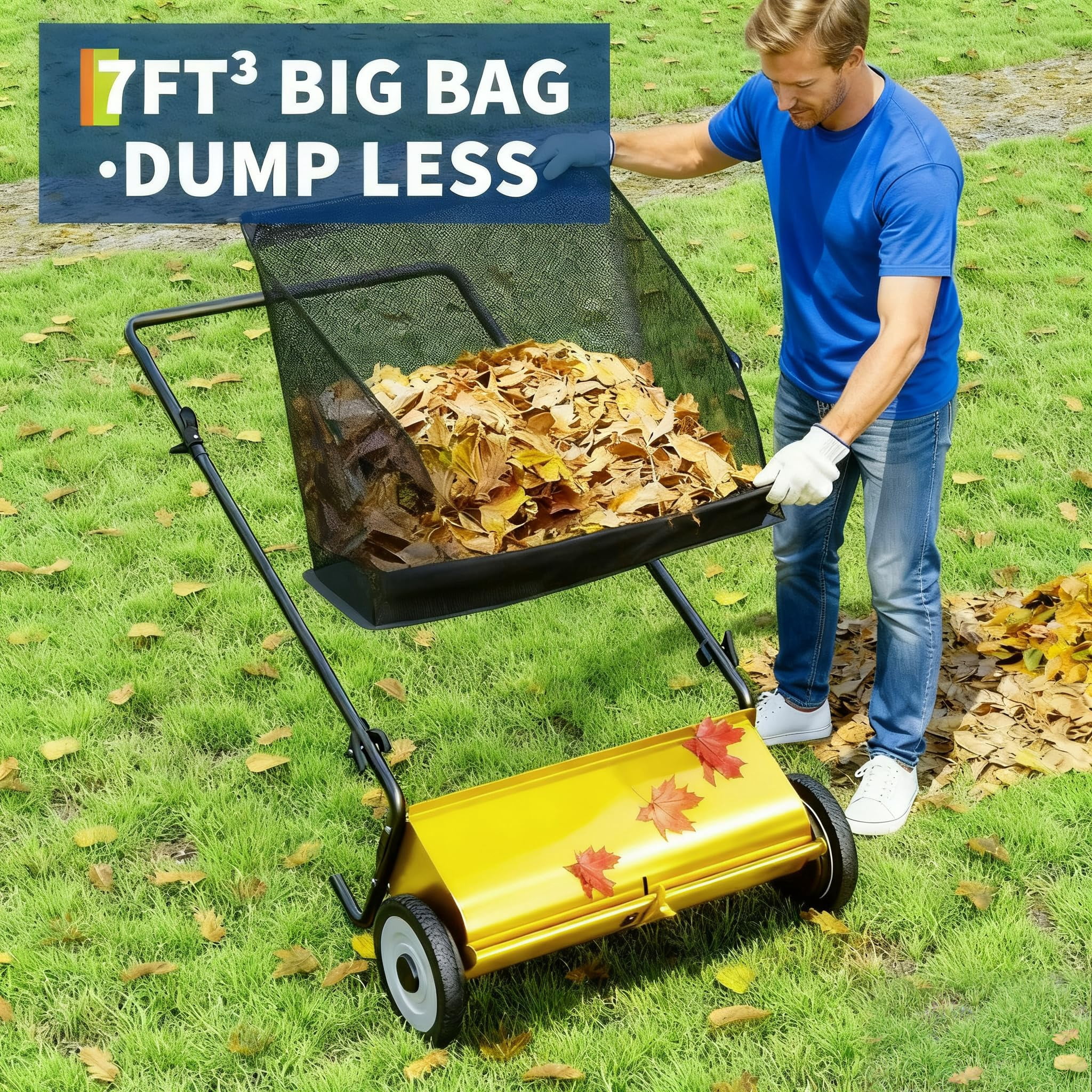 Accreate 21-Inch Lawn Sweeper With Push Design, 7 Cu. Ft. Capacity Bag, 4 Spinning Brushes, Adjustable Height, And Sturdy Steel Frame With Rubber Wheels For Leaves, Grass, And Yard Debris Collection