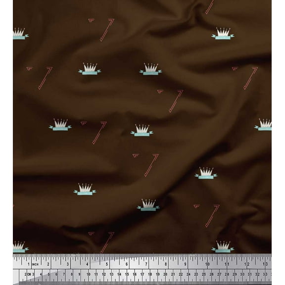 Soimoi Brown Poly Georgette Fabric Text & Crown Kids Decor Fabric Printed Yard 42 Inch Wide