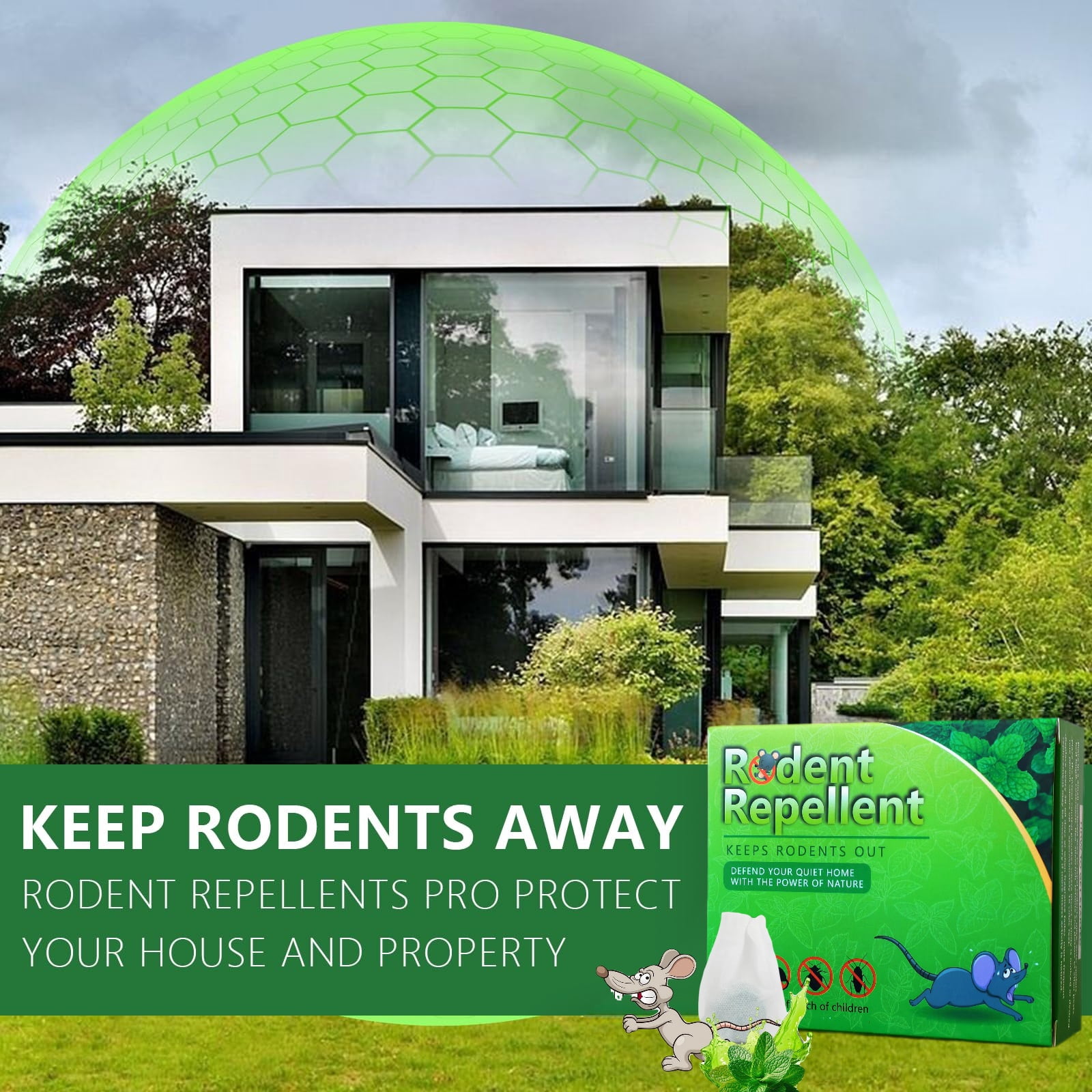 NaturalRepellent Ball： RodentRepellent is formulated with botanical rodentrepellents that leavepests with no place to hide. No traps, no harsh chemicals.