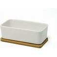 thumbnail image 2 of Rectangular Long White Ceramic Succulent Planter Pot with Drainage Hole and Bamboo Saucer, 2 of 4