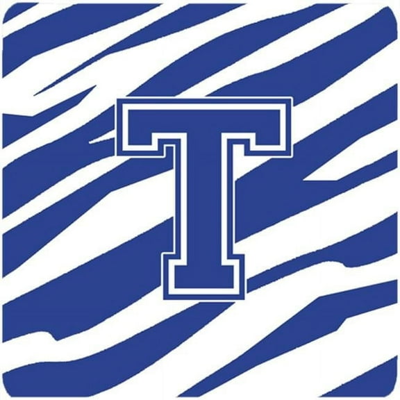 Set of 4 Monogram - Tiger Stripe Blue and White Foam Coasters Initial Letter T