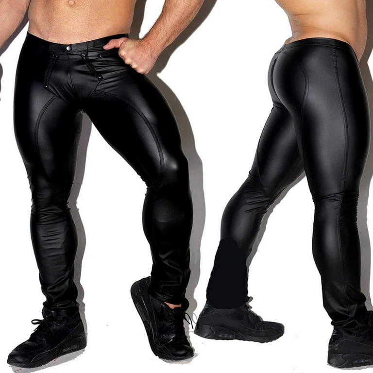 Men's Faux Leather Skinny Leggings Zipper Pouch Hollow Out Long Pants Trousers  PU Leather Trouser Clubwear 