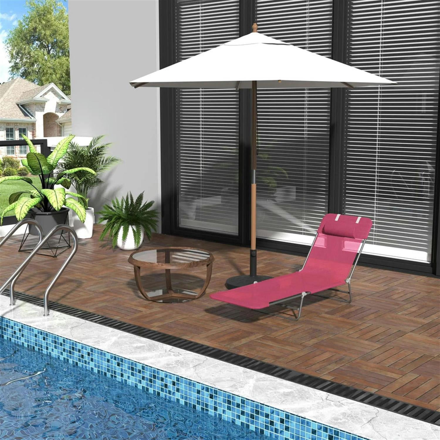Demi Bonn Outdoor Folding Chaise Lounge with Reclining Back, Breathable Mesh Seat for Beach and Yard, Patio, Pink