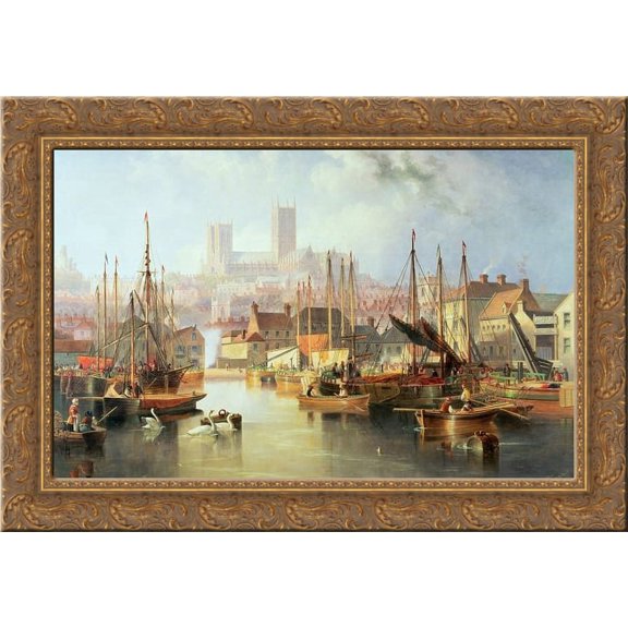 The Brayford Pool and Lincoln Cathedral 24x18 Gold Ornate Wood Framed Canvas Art by John Wilson Carmichael