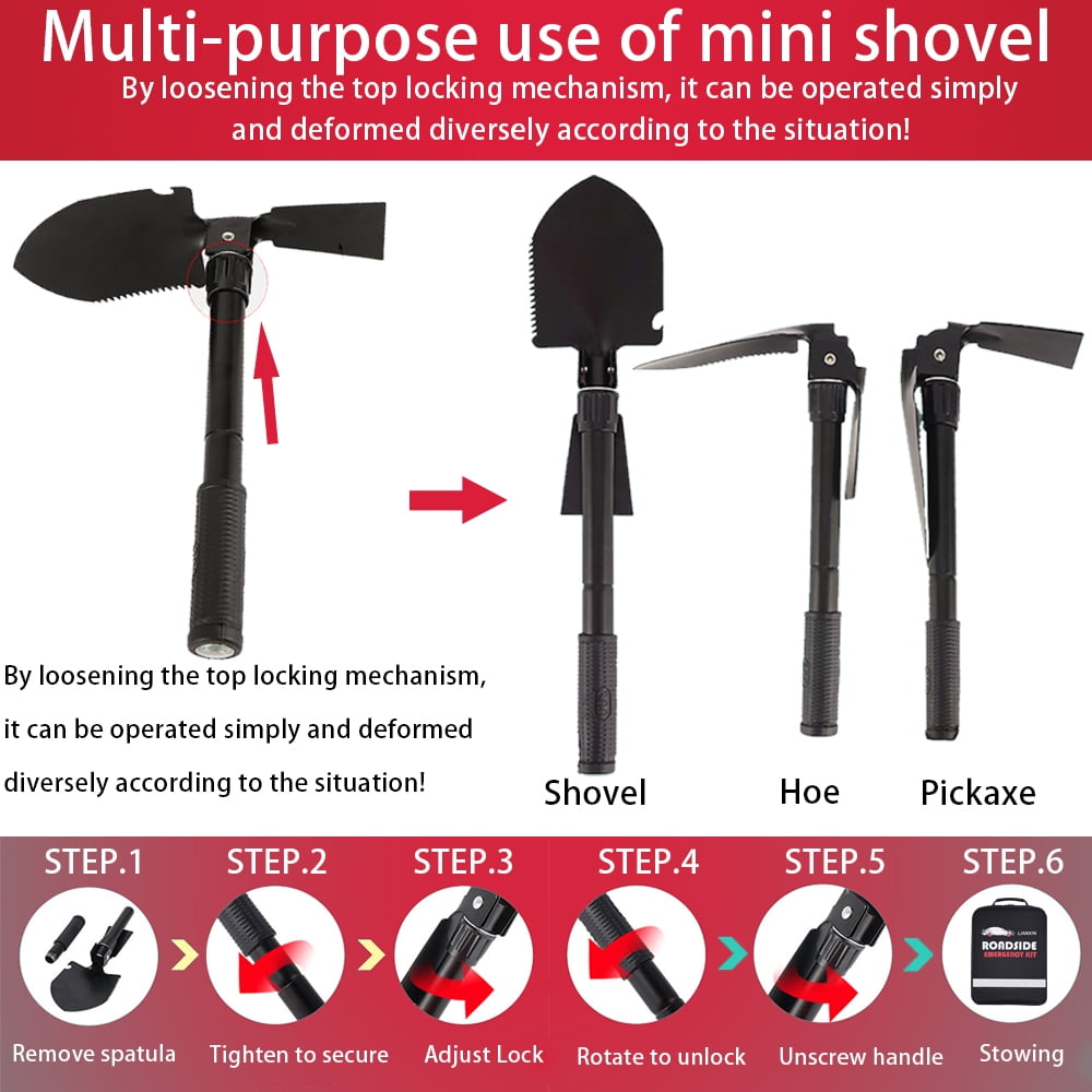 Car Emergency Roadside Tool Kit, Emergency Kits for Vehicles, Road Side Safety Assistance Kit,with Jumper Cables for Car,Headlamp,Folding Shovel,Tow, Basic Automobile Road Side Kits for Men Women
