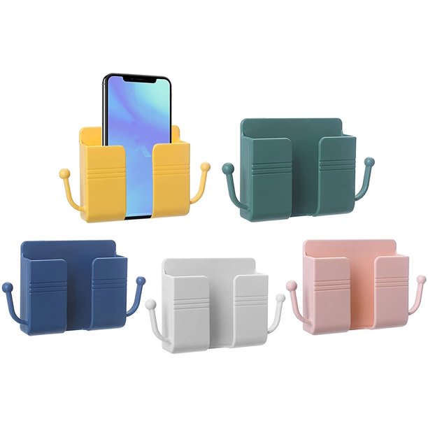 Caja de almacenamiento de pared de 5 piezas, soporte de teléfono montado en la pared autoadhesivo multifunción con ganchos, caja de almacenamiento de pared de carga de teléfono móvil con control remo JAMW Sencillez