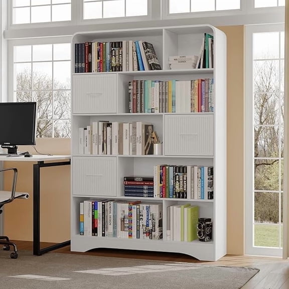 SOLACE FURNITURE Tall Bookcase,Modern 5 Tier Bookshelf with 3 Bins Storage & Open Shelf,White