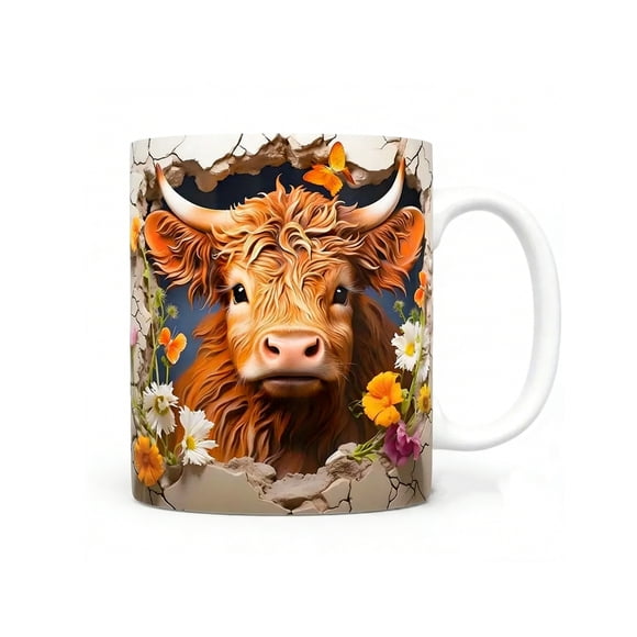 Highlands Cow Ceramic Mug 15 oz Farmhouse Coffee Cup with Scottish Cow Print, Microwave and Dishwasher Safe Rustic Kitchenware Gift for Cow Lovers, Country Home Decor