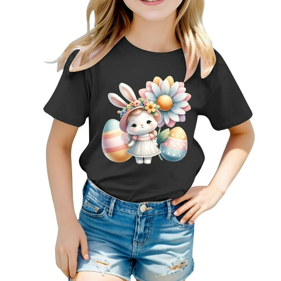 MIXUE Toddler Girls Tops & T-Shirts Kids Easter Bunny Graphic Loose Fit Casual Short Sleeve Pullover T Shirts Activewear,Black,2-3 Years