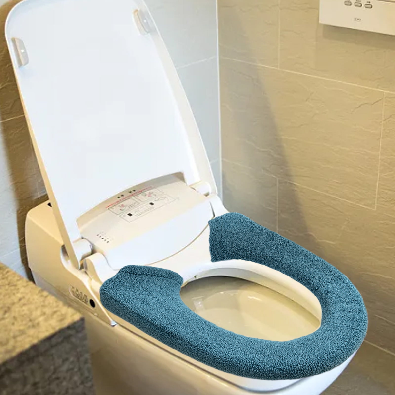 Lot De 4 Housses De Siège De Toilette En Peluche - Douces, Lavables, élastiques - Gris Et Bleu