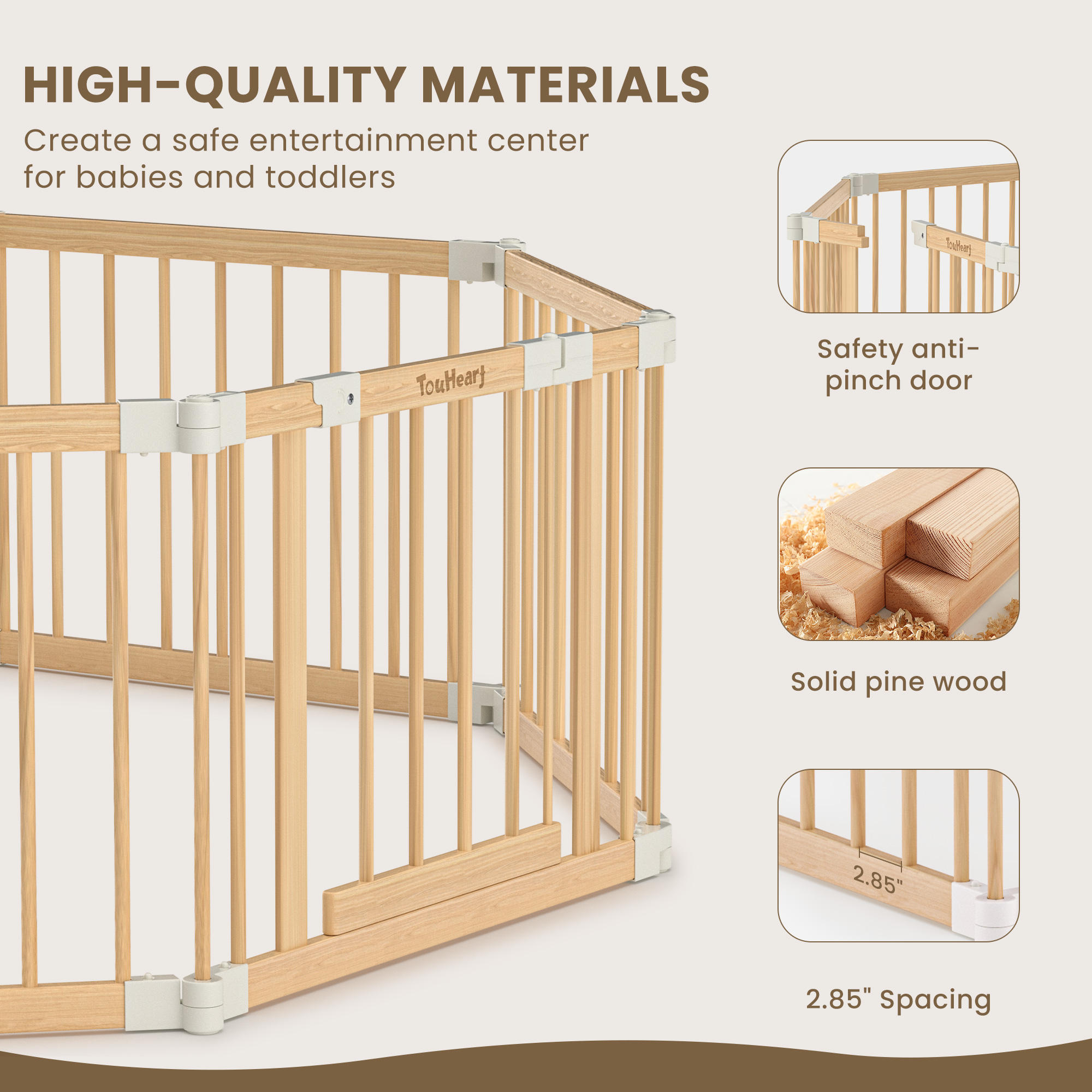 TouHeart Wooden Playpen for Baby & Toddlers, Foldable Large Baby Safe Play Fence Yards With Gate, 8 Panels, 69"x69"x24"