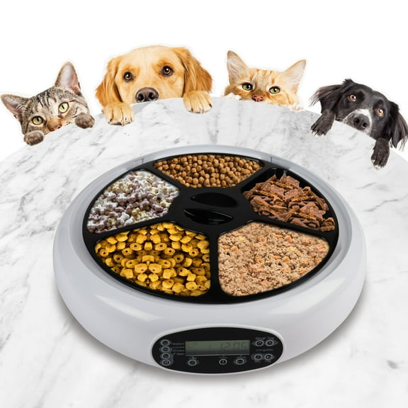 Lentek Five Meal Automatic Pet Feeder/Dish with Voice Message, Wet or Dry Food Dispenser with Recorder, Speaker, Digital Timer and Bowl for Dogs, Cats, Rabbits, and Other Pets, White