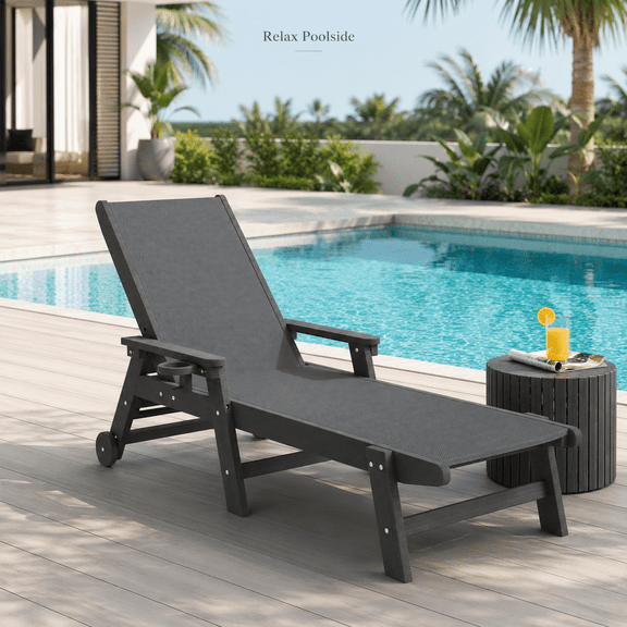 Outdoor Chaise Lounge, Patio Lounge Chair Textilene, Aluminum Frame Pool Lounge Chair with Wheels, 5-position Backrest Adjustable Recliner Lounge