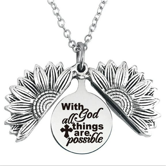 Sexy Sparkles Antique Silver Tone Opens Sunflower Necklace With engraved God All Things are Possible - Zinc-Based Alloy, Stainless Steel Alloy