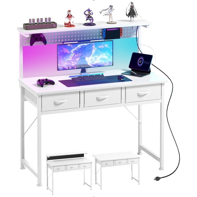 Small Desk with Pegboard & Drawers Gaming Desk with Adjustable LED Light Home Office Desks for Small Bedroom Adjustable Monitor Rise Stand and Charging Station Fabric Drawers
