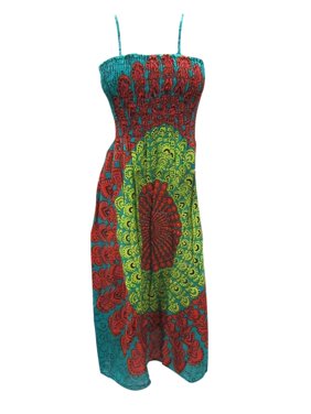 Mogul Women Elastic Chest Mid Calf Bohemian Tank Dresses Rayon Printed Bohemian Hippie Chic Strapped Casual Dress S/M