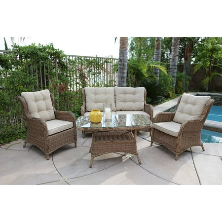 Canterbury Cream - Royal Garden Canterbury 4 Piece All-Weather Wicker Conversation Set with Cream Cushions