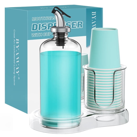 Dispensador de enjuague bucal BYAWAY con portavasos de vidrio de 500 ml