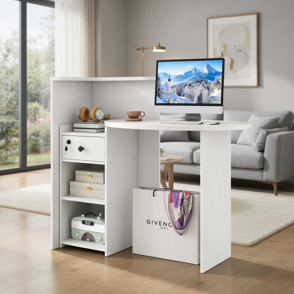 Demi Bonn Front Reception Office Desk with Open Shelf and Lockable Drawer, Small Home Computer Desk Study Writing Table, White