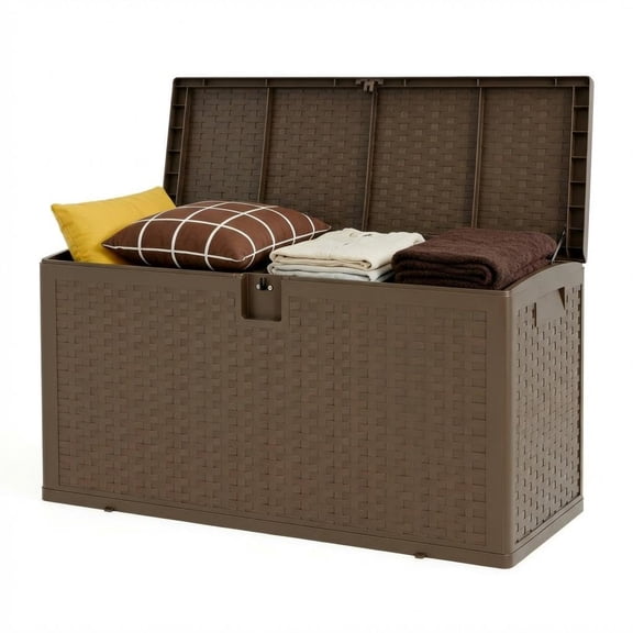 99 Gallon Deck Box, Large Outdoor Storage Box with Rattan Weave Design, Weather-Resistant Resin Patio Storage for Garden Tools, Cushions and Pool Toys, Lockable Backyard Toy Box, Brown