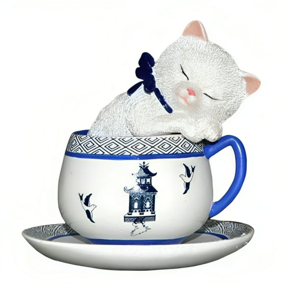 The Hamilton Collection Fun Loving Feline Blue Willow Teacup Sculpture Issue #5 Inspired by Timeless Chinese Love Legend 3.5-inches