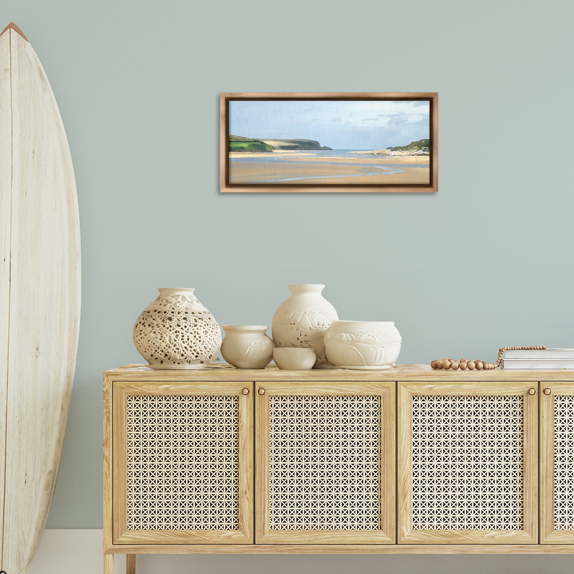 Stupell Industries Vast Beach View Landscape Painting Brown Floater Framed Canvas Art Print Wall Art, 31 x 14