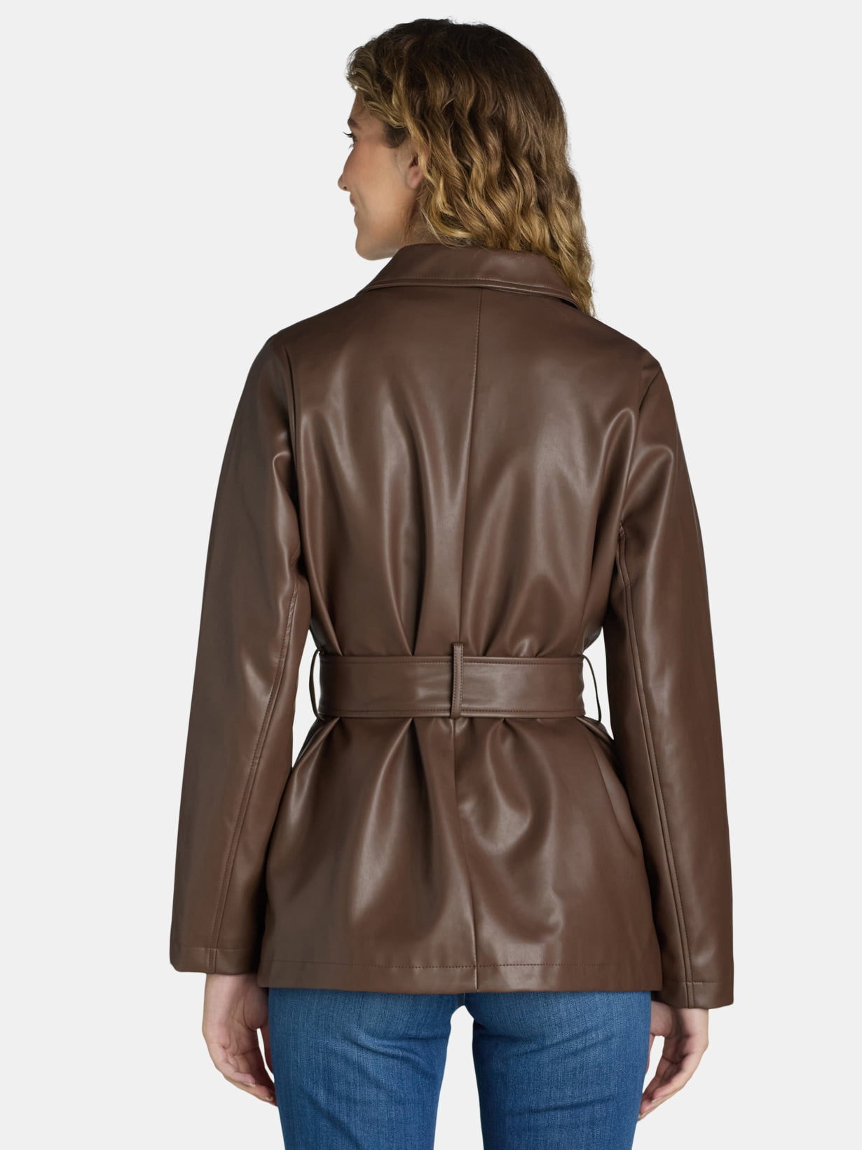 Time and Tru Women's and Women's Plus Faux Leather Cropped Belted Trench, Sizes XS-3X