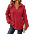 thumbnail image 5 of Waffle Knit Sweatshirt for Women Oversized Lapel V-Neck Long Sleeve Pullover with Pockets Loose Casual Fall Winter Top, 5 of 9