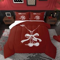 Manfei Fashion Bowknot Cup Full Size Comforter Sets, Kawaii Cherry Bedding Comforter Set, Maroon Cartoon Theme Reversible Bedding Sets, Lightweight Room Decor, 3 Pieces