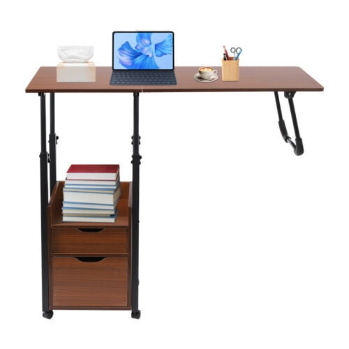 Overbed Table Height Adjustable Laptop Table Rolling Bedside Table Writing Table with Drawers