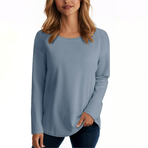 Fanxing Women's Long Sleeve Shirts Casual Waffle Knitted Solid Color 2025 Fall Top Crewneck Loose Workout Basic T-Shirts Blue L