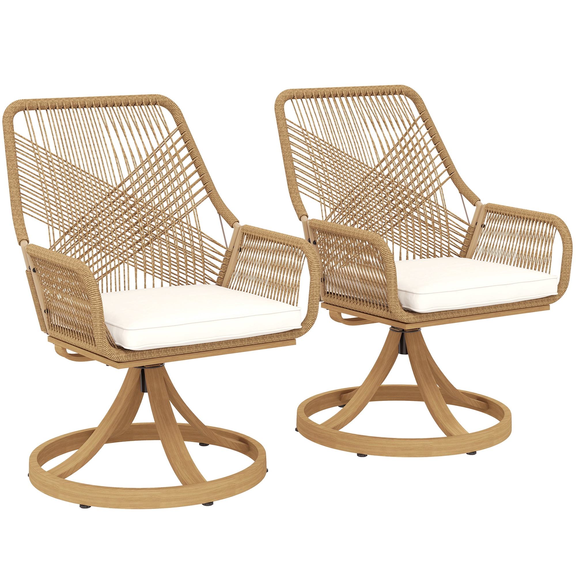 Outsunny Outdoor Patio Swivel Chairs Set of 2, Rattan Patio Dining Chairs with Soft Cushions and Metal Frame for Backyard, Lawn, Porch, Garden, Khaki