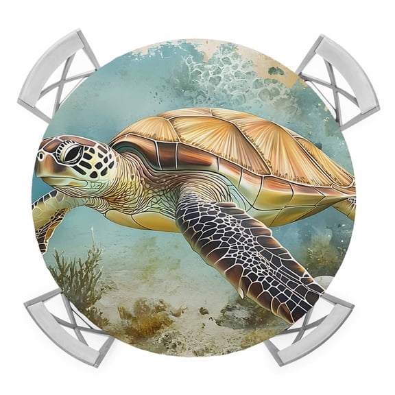 Ocean Turtle Round Tablecloth for 45-54 Inch Tables,Fitted Table Cover with Elastic Edge,Coastal Coral Illustration Retro Painting Waterproof Outdoor Table Cloth Protector for Patio Garden Dinner