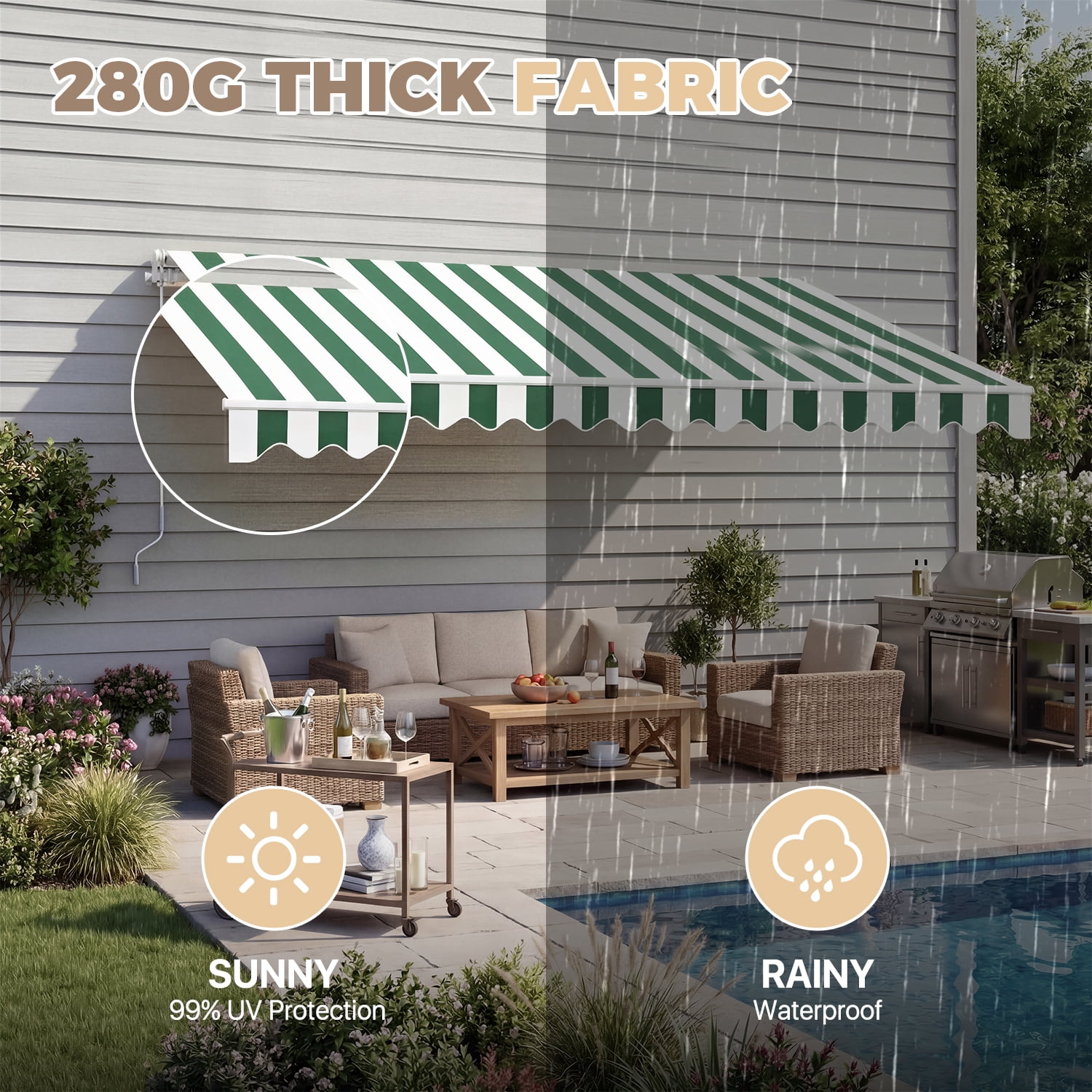 BaPiPro 12'x10' Manual Retractable Awning for Patio, Outdoor Sun Shade Waterproof Fabric Canopy with Crank Handle, UV Protection for Deck Balcony,Green