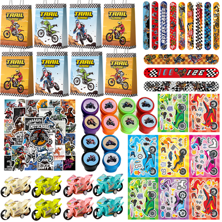 110Pcs Motocross Themed Party Favors Set, Dirtbike Birthday Kit with Goodie Bags, Slap Bracelets, Stampers and DIY Motorcycle Stickers, Ideal for Motocross Birthday Party Supplies