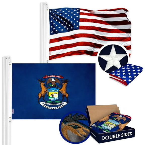 G128 Combo Pack: USA American Flag 3x5 Ft Embroidered Stars & Michigan State Flag 3x5 Ft Embroidered Double Sided 2ply