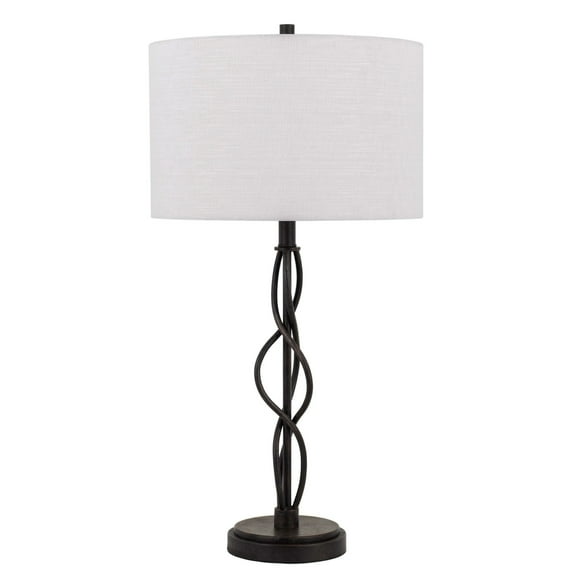 Round Fabric Shade Table Lamp with Metal Spiral Design Base,White and Black- Saltoro Sherpi