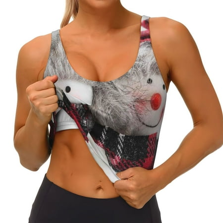 Qokaie Christmas Snowman With Hat Pattern Womens Scoop Neck Sports Bra Breathable Workout Vest Padded U Back Medium Impact Fitness Gym Yoga Bra Workout Crop Top