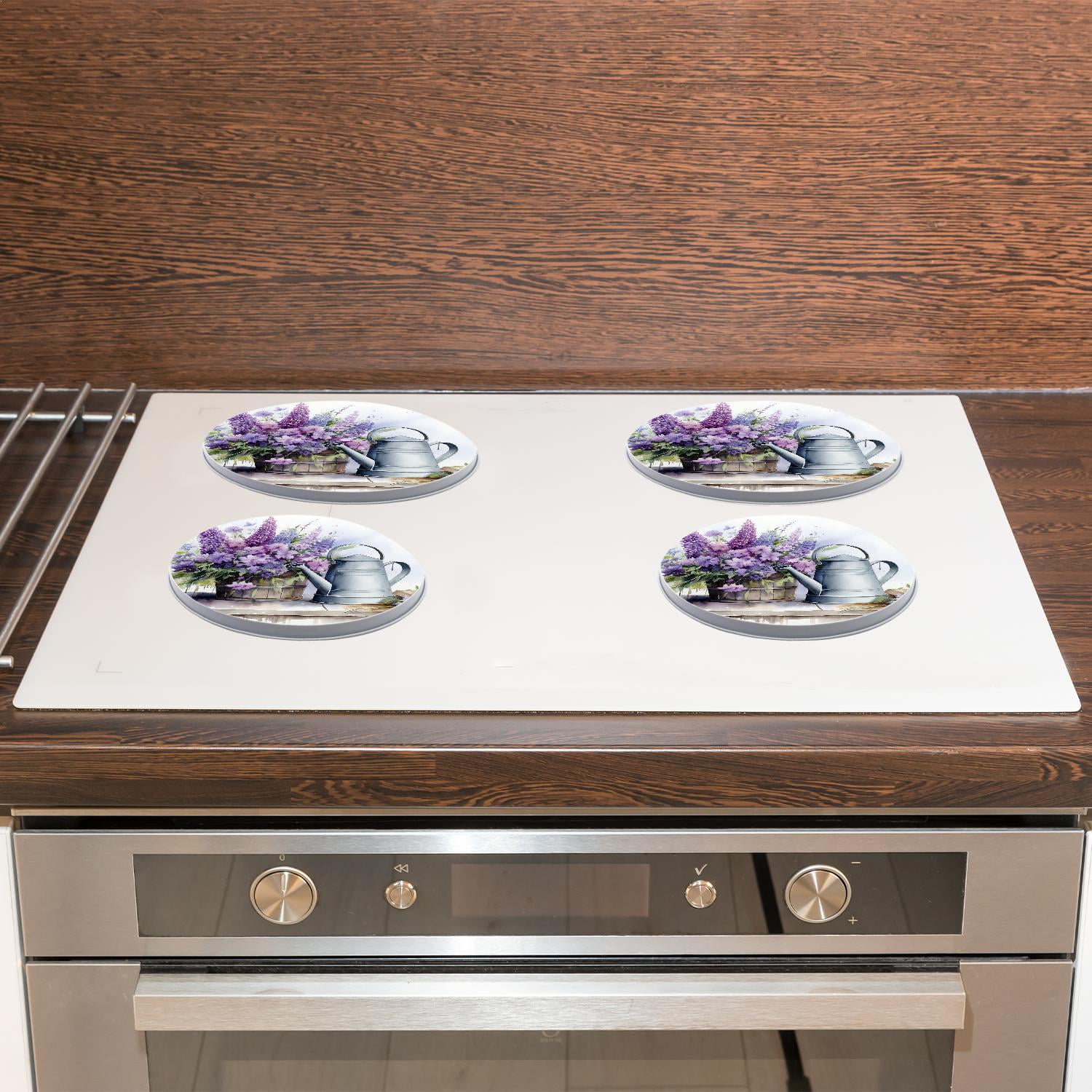 Decorative Stove Burner Covers 4 Pcs Metal Gas Stove Burner Cover 8Inch And 10Inch ,Spring Flowers Lavender White Wood Painting