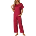 thumbnail image 2 of INSPIRE CHIC Women's Satin Pajamas Set Summer Outfits Short Sleeves Tops with Pants Silky Lounge Sets M Red, 2 of 6