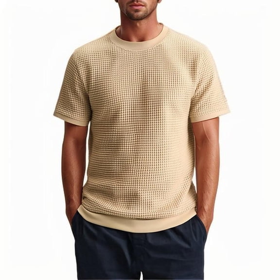 Tfken Summer T-Shirts For Men Solid Color Crew Neck Short Sleeve Knitted Tops Casual Daily Wear Male Soft Shirts Beige