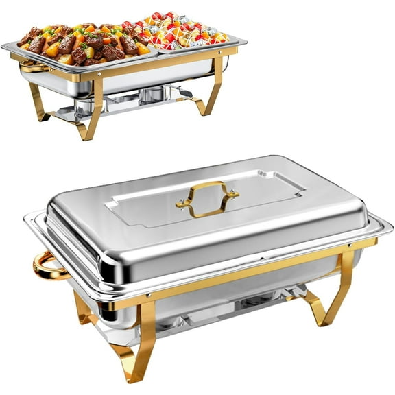 PRIJESSE Stainless Steel Buffet Warmers Set 2 Pack 9 QT Chafing Dishes for Buffet [Gold Colors] Rolled-Edge Design Chafing Dishes for Buffet for Wedding 1/2 size pan