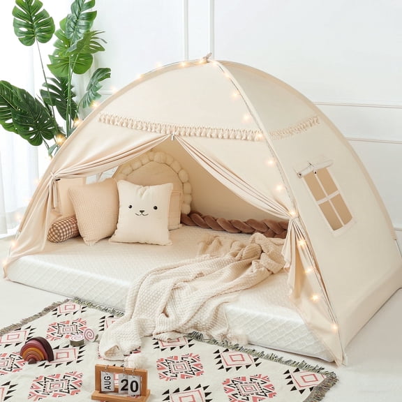 SweHouse Twin Kid Canopy Tent, Bed Tent for Kids Indoor, Toddler Pop Up Teepee Tent for Boys Girls with Star Lights & Flags, Queen Size for Inside Bedroom (Golden Beige)