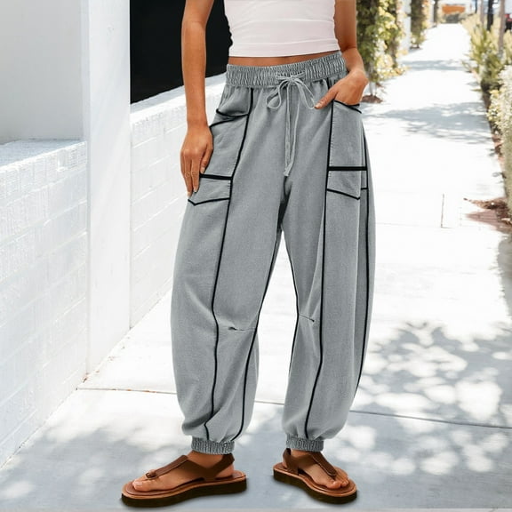 BXINGOHAI Womens Baggy Barrel Pants Wide Leg Lounge Drawstring Sweatpants with Pockets Gray 2XL
