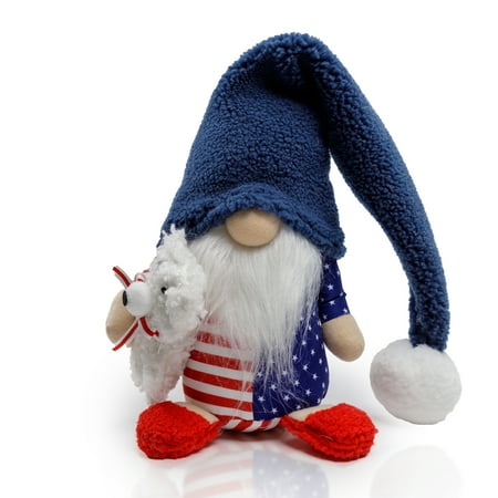 Madanar Independence Day Pajama Gnome Plush Holding Teddy Bear Swedish Decor for Tiered Tray Shelf Table Decorations
