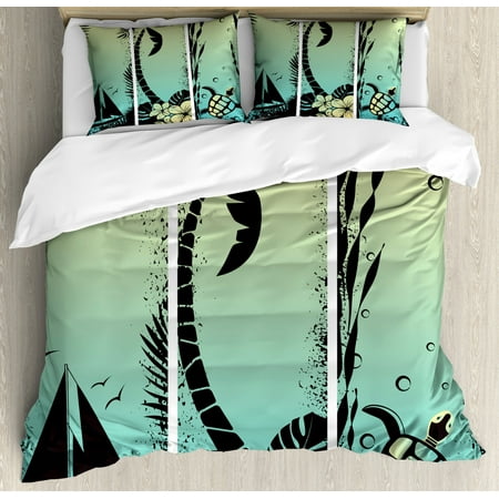 Turtle Duvet Cover Set King Size Grunge Tropical Holiday Themed